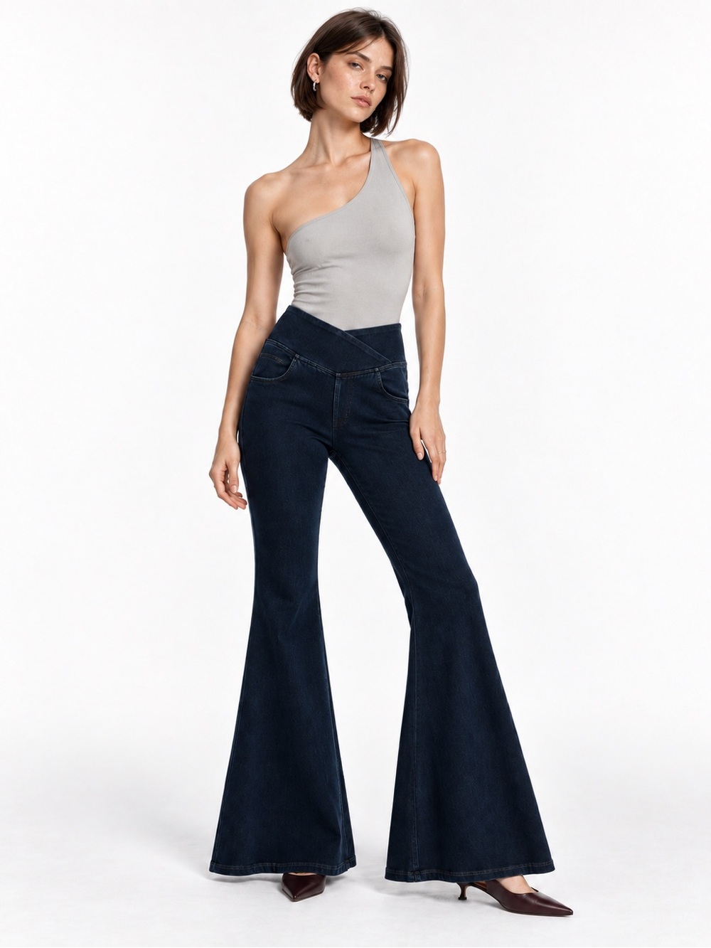 Halara Flex High Waisted Crossover Pocket Washed Super Flare Jeans Dark Navy S